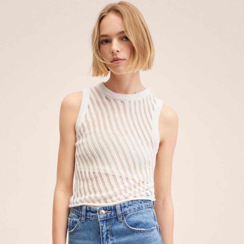 Mango | NWOT Openwork Knit Cotton Linen Sleeveless Top in Ecru White Size Large